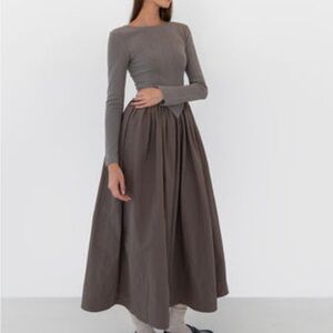 Kira Basque Waist Dress from The Bekk Taupe Dress